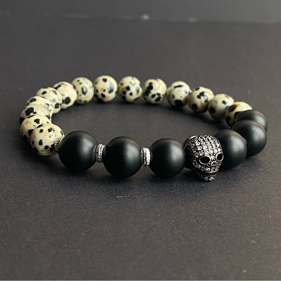 Dalmatian Jasper and Matte Onyx Stone Bracelet With Zircon Skull - Picture 3 of 3
